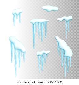 Set of realistic borders with snow and icicles. Elements for christmas design over transparent background, vector illustration