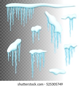 Set of realistic borders with snow and icicles. Elements for christmas design over transparent background, vector illustration
