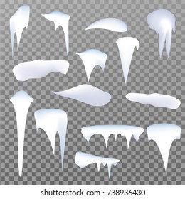 Set of realistic borders with snow and icicles on transparent background, vector illustration