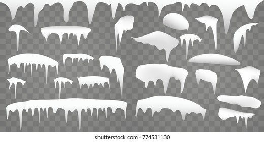 Set of realistic borders with snow and icicles on transparent background, vector illustration