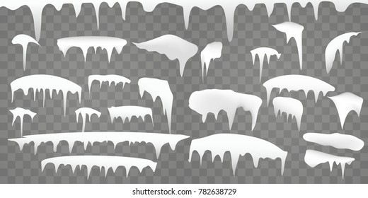 Set of realistic borders with snow and icicles on transparent background, vector illustration