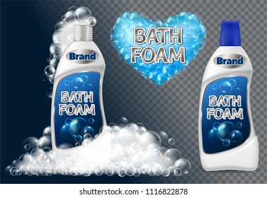 Set realistic bottle of  bath foam with transparent  soap bubbles with rainbow reflection. Isolated 3d vector illustration.