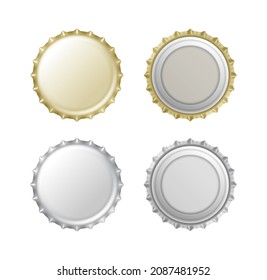 A set of realistic bottle caps. Metal blank bottle lids view from outside and inside isolated on white background. Template glass beverage corks. 3d vector illustration