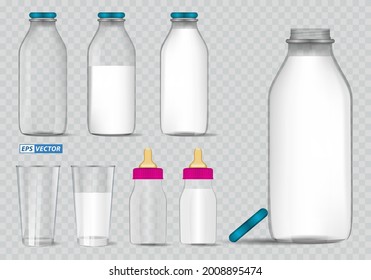 set of realistic bottle milk isolated or fresh milk in glass mock up template or various flavour strawberry, chocolate and pure milk or traditional milk concept. eps vector