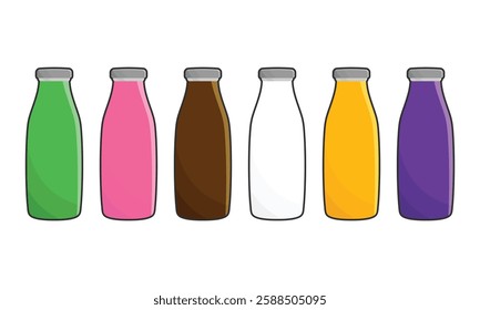 set of realistic bottle milk isolated or fresh milk in glass mock up template or various flavour strawberry, grapes, melon, orange, chocolate and pure milk or traditional milk concept. eps vector