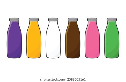 set of realistic bottle milk isolated or fresh milk in glass mock up template or various flavour strawberry, grapes, melon, orange, chocolate and pure milk or traditional milk concept. eps vector