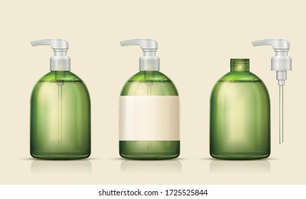 Set of realistic bottle mock-up in transparent green design, isolated on beige background, 3D illustration