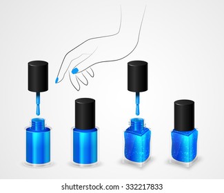 Set of realistic bottles of nail polish in the background a woman's hand. Round and square bottle with nail polish. Nail polish with shining spangles. Vector illustration