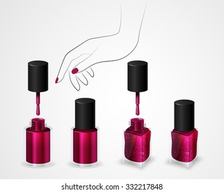 Set of realistic bottles of nail polish in the background a woman's hand. Round and square bottle with nail polish. Nail polish with shining spangles. Vector illustration