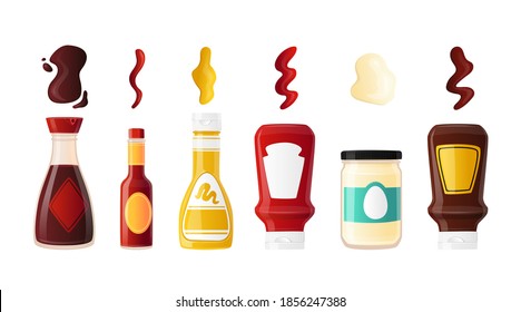 Set Realistic Bottles Sauces with Blank Labels. Various Dressing Soy, Hot Chili, Mayonnaise and Mustard with Tomato Ketchup Spicy Condiments with Spilled Strips. 3d Vector Illustration, Icons, Emblems