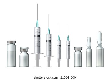 Set of Realistic Bottles and Syringes. Coronavirus Vaccine, Botox, Filler, Hyaluronic Acid Closeup. Drug Ampoule Design Template. Vaccination concept. Top View vector illustration isolated on white