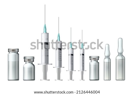 Set of Realistic Bottles and Syringes. Coronavirus Vaccine, Botox, Filler, Hyaluronic Acid Closeup. Drug Ampoule Design Template. Vaccination concept. Top View vector illustration isolated on white