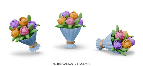 Set of realistic bouquets of flowers on white background. Elegant floral arrangement