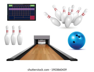 Set of realistic bowling icons with images of pins ball and leaderboard score table with lane vector illustration