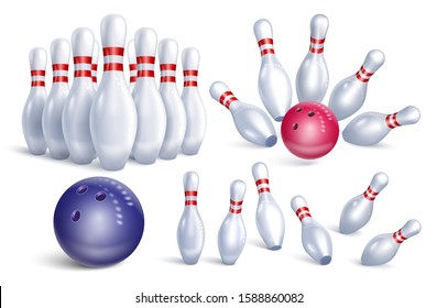 Set of realistic bowling icons. Skittles, balls, dynamic composition. Falling pins. Isolated on a white background. Vector stock illustration.