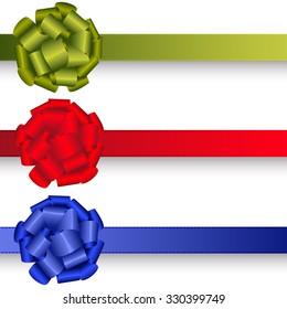 Set realistic bows in green, red and blue color on a white background