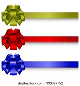 Set realistic bows in green, red and blue color on a white background