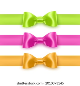 Set of realistic bows of pink, yellow and green colors for decoration of postcards, holiday boxes, etc., bows for decoration on a white background, vector illustration