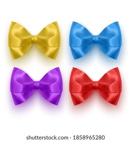 Set of realistic bows of purple, blue, yellow and green colors for decoration of postcards, holiday boxes, etc., bows for decoration on a white background, vector illustration