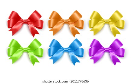 Set of realistic bows of purple, blue, yellow and green colors for decoration of postcards, holiday boxes, etc., bows for decoration on a white background, vector illustration
