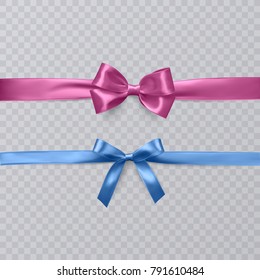 Set of realistic bows and ribbon isolated on transparent background. Template for brochure or greeting card. Vector illustration.