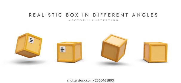 Set of realistic boxes in different positions. Icons for packaging, transport business. Containers for transportation. Isolated vector object with place for logo