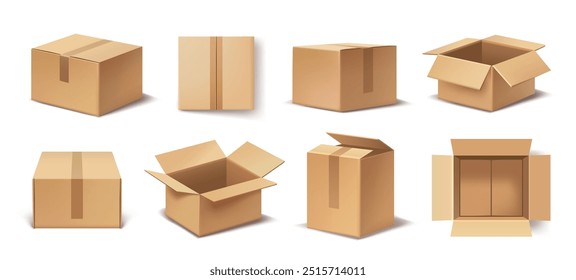 Conjunto de caixas realistas. Vista frontal e superior de maquetes de caixa de papelão fechados e abertos. Embalagem de entrega de encomendas. Elemento de design para banner. Coleção de ilustrações vetoriais 3D isolada no plano de fundo