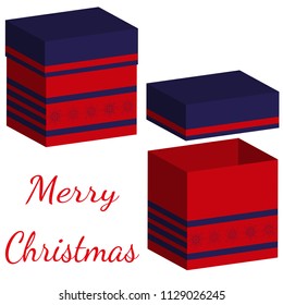 Set of realistic boxes with lid for gifts on white background. 3d illustration for design for Christmas and New Year. Open and closed box in bright blue and red. Vector illustration.