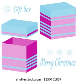 Set of realistic boxes with lid for gifts on white background. 3d illustration for design for Christmas and New Year. Open and closed box in bright blue and violet. Vector illustration.