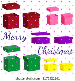Set of realistic boxes with lid for gifts on white background. 3d illustration for design for Christmas and New Year. Open and closed boxes in bright colors. Vector illustration.