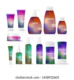 Set of realistic branding cosmetic tubes isolated on white background.
Corporate identity with bright colorful design.