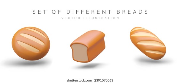 Set of realistic bread loaves of different types. Square toasted, round yeasted, oval sourdough bread. Isolated color illustrations with shadows. 3D icons for bakery, shop