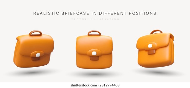 Set of realistic briefcases with handle and clasp. Collection of illustrations with shadows. Business bag for documents. Office handbag. Isolated vector image