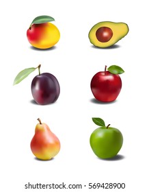 Set of realistic bright fruits. Vector illustration of mango, avocado, plum, red and green apple, pear