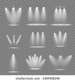 Set of Realistic Bright Projectors Lighting Lamp Collection with Spotlights Lighting Effects with Transparency Isolated on Transparent Background. Vector Illustration EPS10
