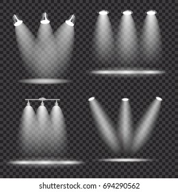 Set of Realistic Bright Projectors Lighting Lamp Collection with Spotlights Lighting Effects with Transparency Isolated on Transparent Background. Vector Illustration. EPS10