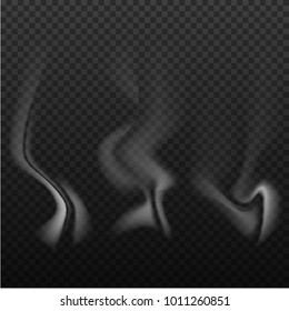 Set of realistic bright, smoke, wave, steam, vape on transparent backdrop. White decorative effects . Vector illustration. Isolated