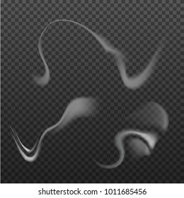 Set of realistic bright, smoke, wave, steam, vape on transparent backdrop. White decorative effects . Vector illustration. Isolated