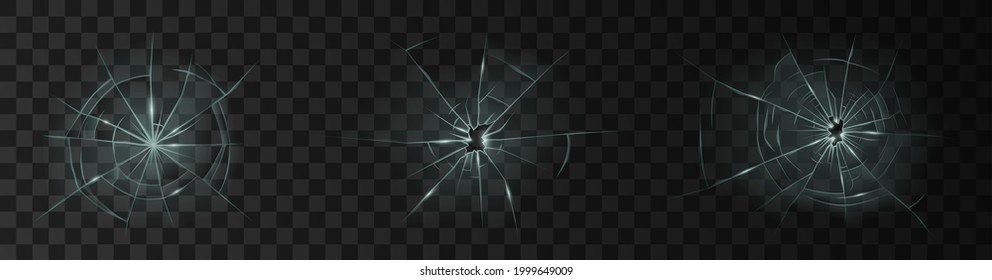 Set of realistic broken glass with holes. Damaged glass of window or door pane and windscreen isolated on dark background. 3d vector illustration