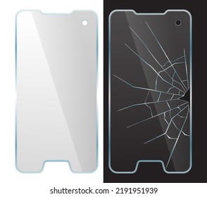 set of realistic  broken screen protector film on smartphone or damaged display glass mobile phone or glass cover screen protect smartphone concept. eps vector svg