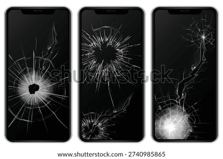 Set of Realistic Broken Smartphone Screens Set – Shattered Glass Crack Texture, Damaged 3D Touchscreen Vector