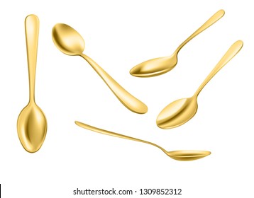 Set of realistic bronze metal spoons from different points of view. 3d realism. Vector teaspoon illustration isolated on transparent background. Shiny yellow flatware