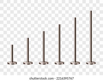 Set of realistic bronze pillars of different heights. 3d columns isolated on transparent background. Mount or holder for advertising banners. Vector.