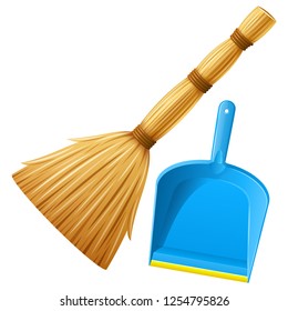 Set of realistic broom and blue plastic dustpan with yellow stripe. Housework tools for cleaning garbage in house. Cleaning service elements. Isolated on white background. EPS10 vector illustration.