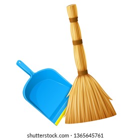 Set of realistic broom and blue plastic dustpan with yellow stripe. Housework tools for cleaning garbage in house. Cleaning service elements. Isolated on white background. Eps10 vector illustration.