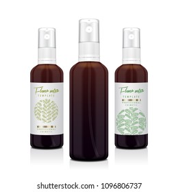 Set of realistic brown bottle with atomizer. Mock up bottle cosmetic or medical vial, flask, flacon 3d illustration for your design