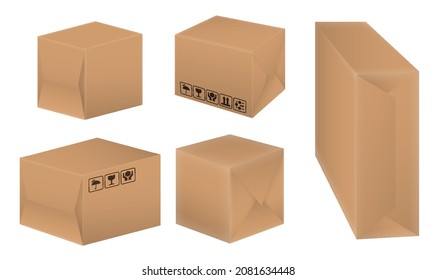 set of realistic brown cardboard isolated or mock up fragile packaging or packaging online shop store. eps vector
