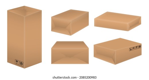 set of realistic brown cardboard isolated or mock up fragile packaging or packaging online shop store. eps vector