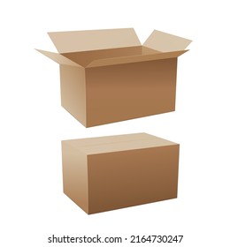 Set of realistic brown cardboard rectangular packaging, paper boxes. Realistic mockup of a yellow cardboard box, 3d blank templates. Shipment or delivery service.