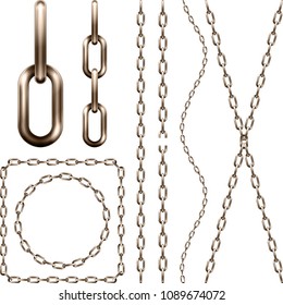 Set of realistic  brown metal chain, isolated on white 